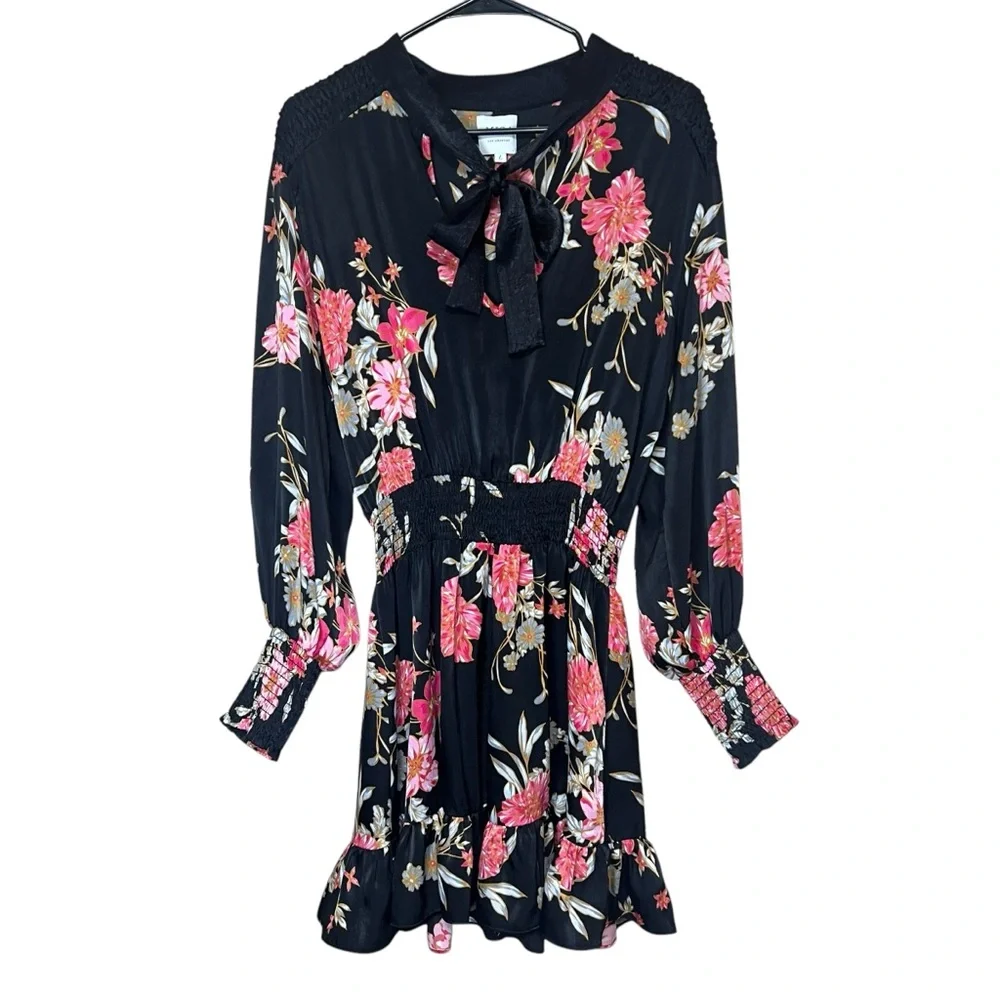 Misa Los Angeles Iyana Tie-Neck Smocked Waist Mini Dress Black Floral Size Large - Picture 4 of 10